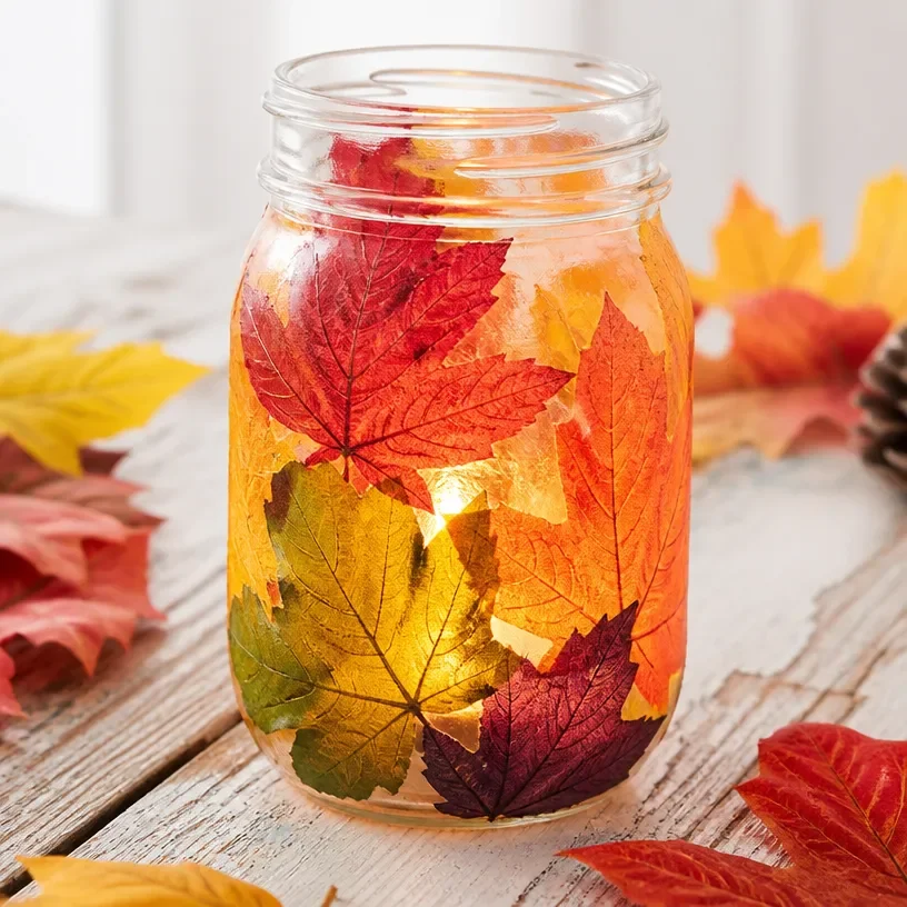 DIY Rainbow Fall Leaf Mason Jar Candle Holder for autumn decor
