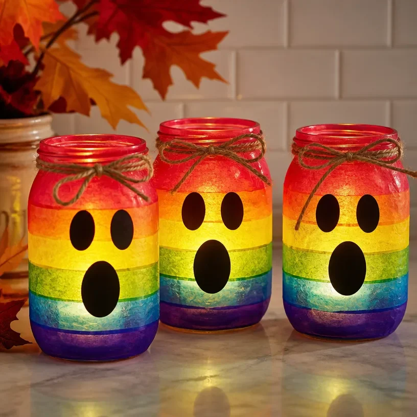 Colorful DIY Rainbow Ghost Mason Jar Lanterns for Halloween decoration