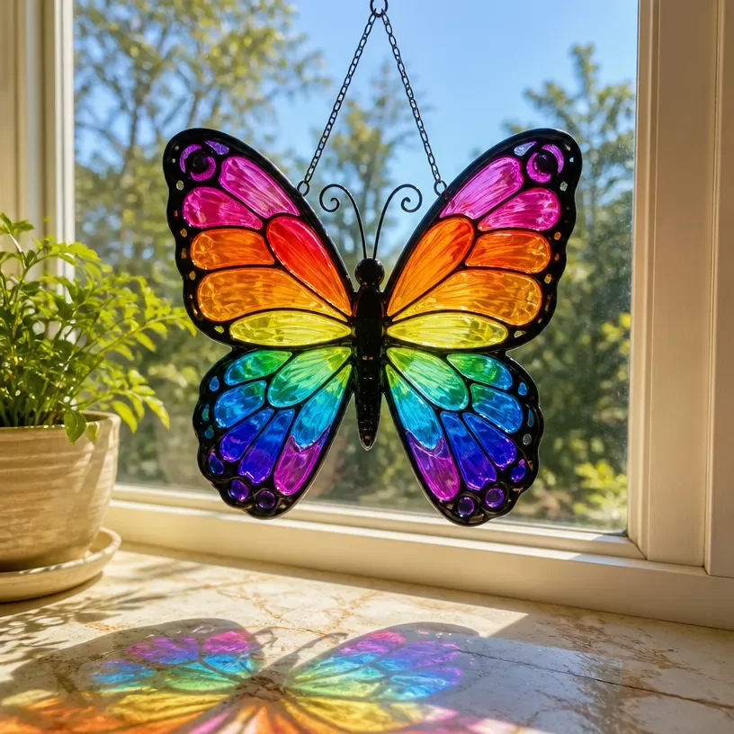 Eco-friendly upcycled bottle butterfly suncatcher hanging in a sunny window