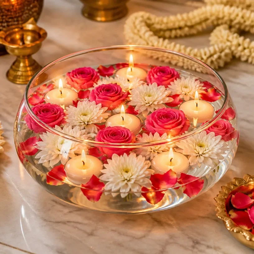 Floating floral candle bowl centerpiece for elegant table decor
