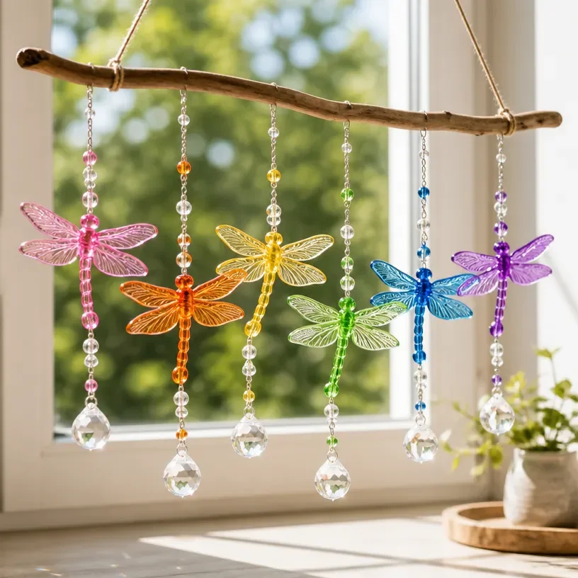 Colorful suncatchers featuring dragonflies and crystals in vibrant sunlight