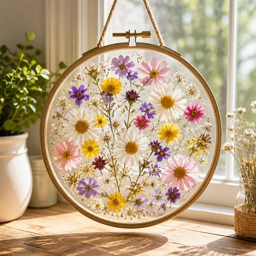 Colorful kitchen table suncatcher reflecting sunlight and creating a warm atmosphere.