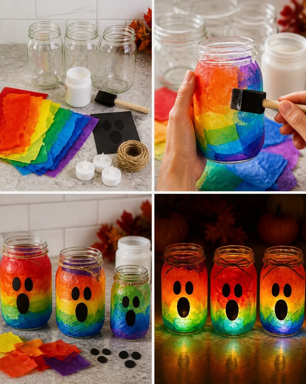 DIY Rainbow Ghost Mason Jar Lanterns for Halloween Decor