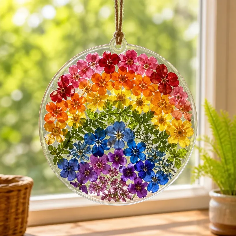 Colorful nature-inspired rainbow mosaic suncatcher catching sunlight