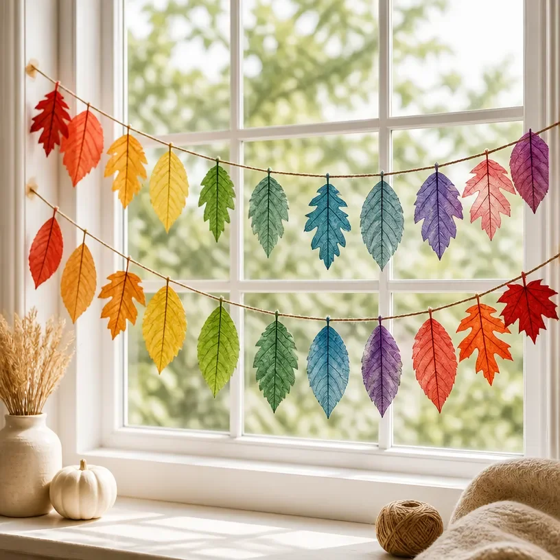 Rainbow-color pressed-leaf garland for vibrant home window decor.