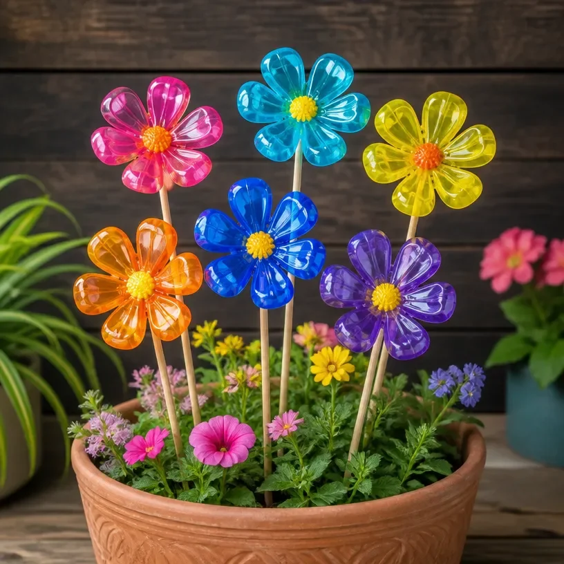 Colorful recycled bottle garden stakes in a vibrant garden setting