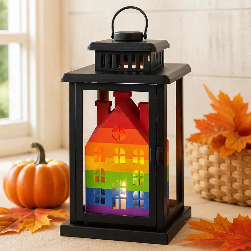 Vibrant Rainbow Haunted House Lantern for Halloween decor