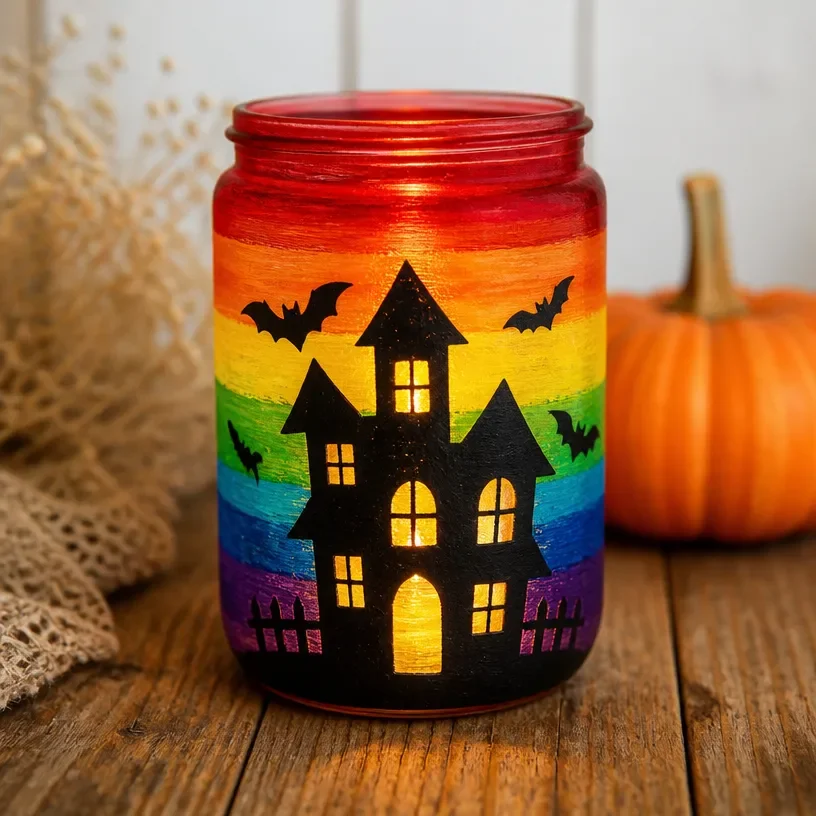 Rainbow-hued haunted house lantern for Halloween decor