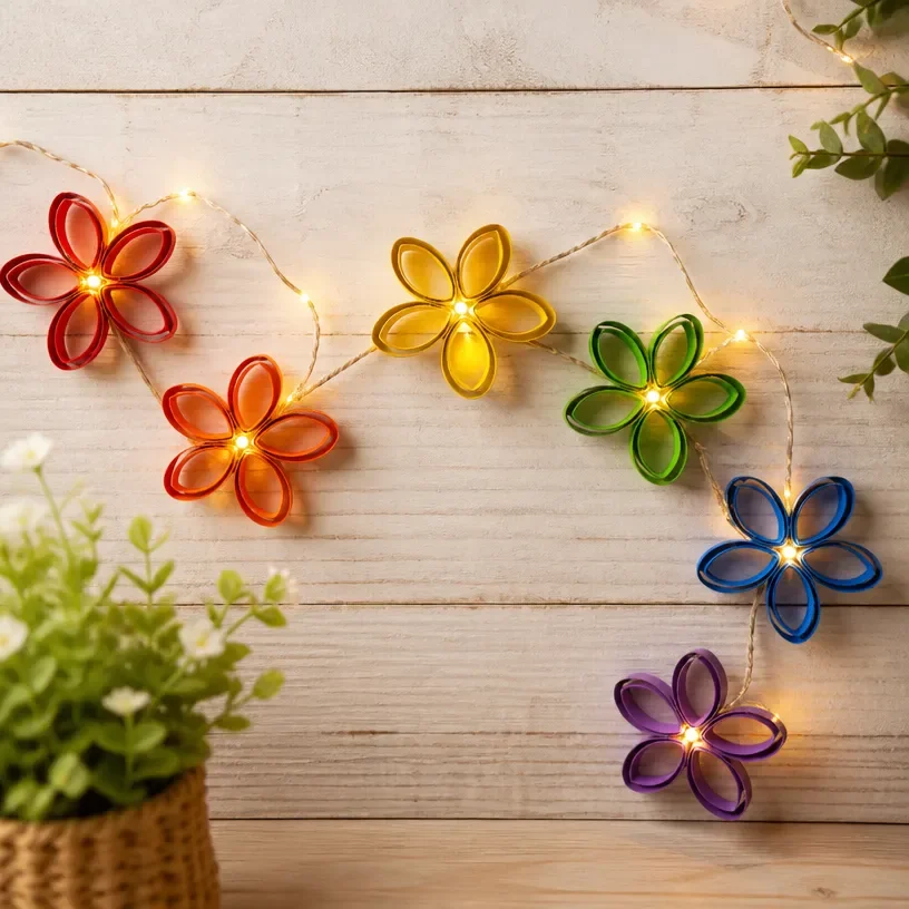 Rainbow Recycled Flower Garland with Fairy Lights for festive decor