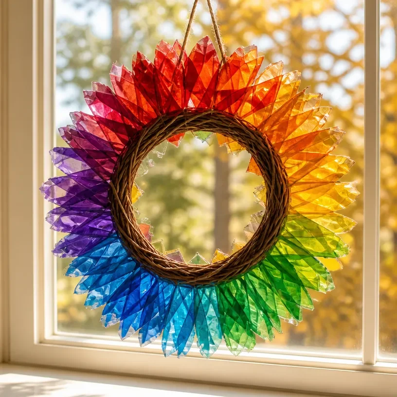 Rainbow stained glass fall wreath for autumn door decor