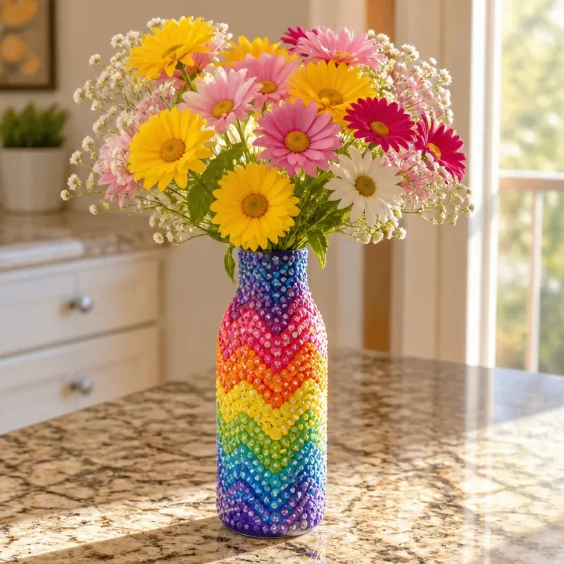 Colorful rainbow vase made from recycled bottles, perfect for eco-friendly decor.