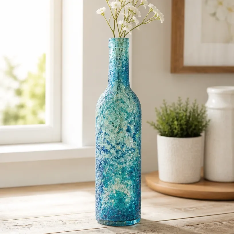 Rustic sea glass bud vase, perfect for home decor and floral arrangements.
