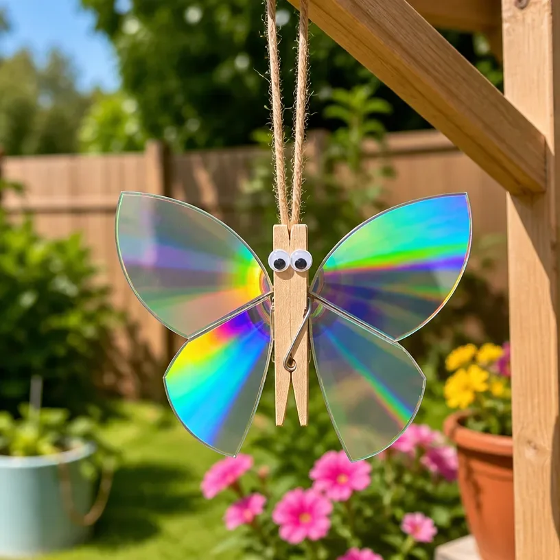 Colorful upcycled CD butterfly crafts for garden decoration