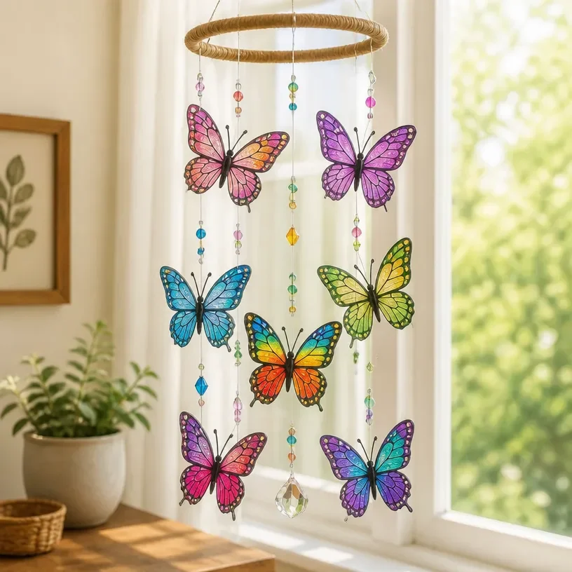 Upcycled clear bottle rainbow butterfly suncatcher mobile hanging in sunlight