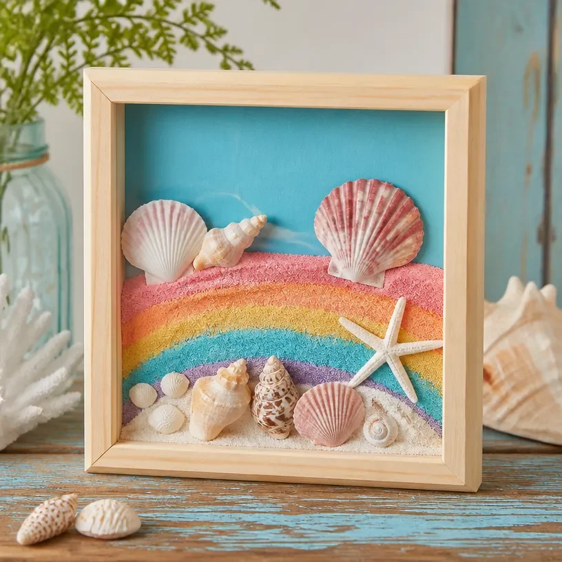 Vibrant seashell shadow box wall decor featuring beautiful seashell keepsakes