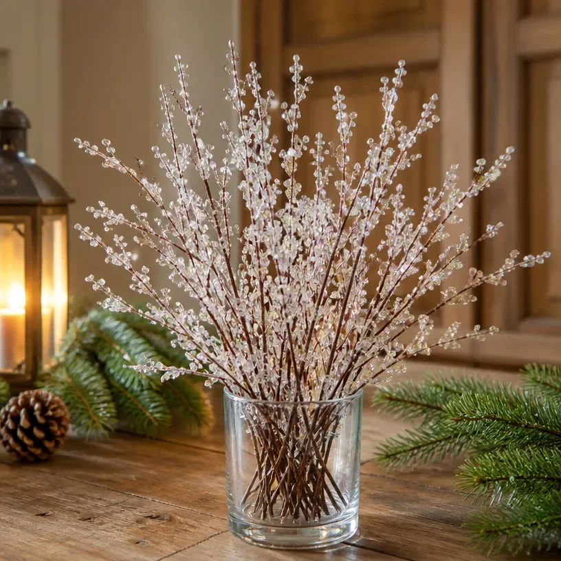DIY winter centerpiece featuring faux ice branches for a seasonal decor
