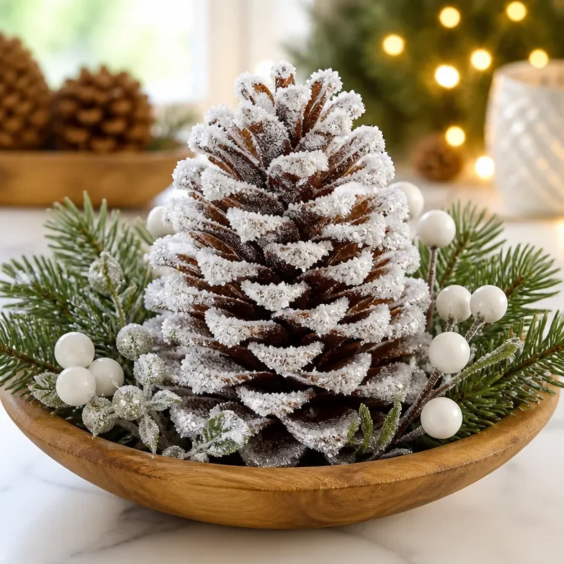 Frosted crystal shine winter pinecone decor arrangement