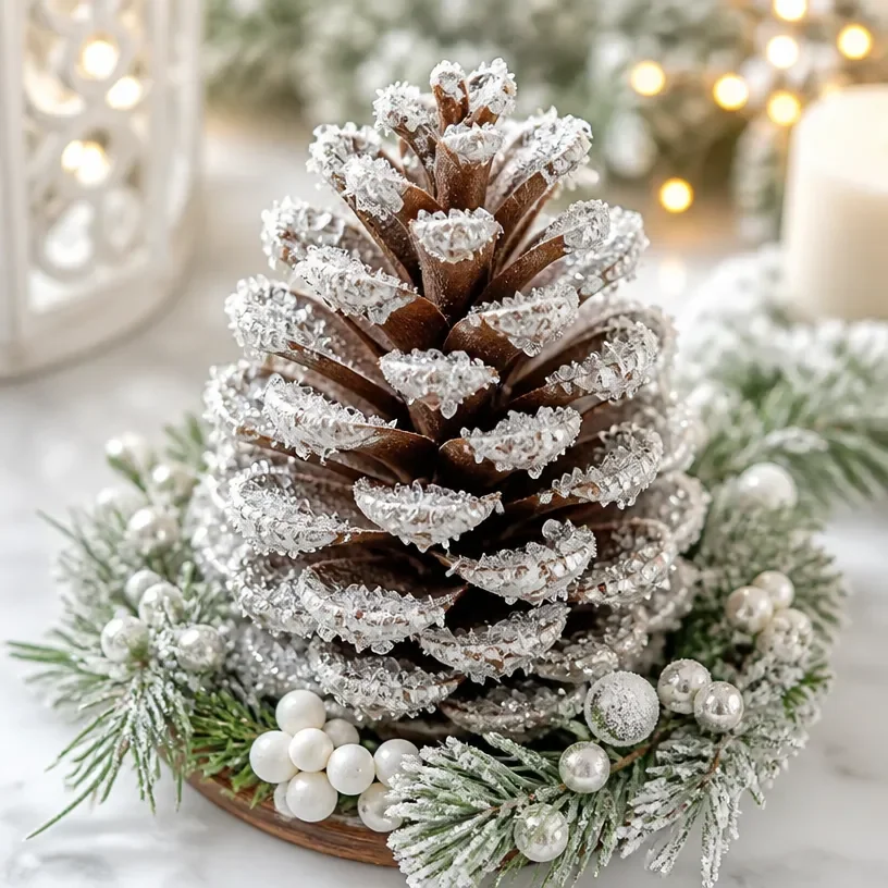 Winter Pinecone Decor with Frosted Crystal Shine for festive home styling